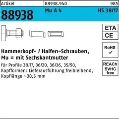 Halfen Hammerkopfschraube R 88938 38/17 6-ktmutter M12x 50 MuA 4 25St.