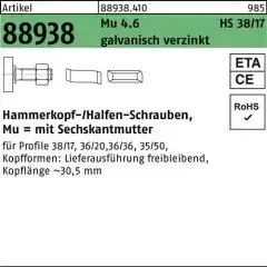 Halfen Hammerkopfschraube R 88938 38/17 6-ktmutter M16x50 Mu4.6 galv.verz. 50St.