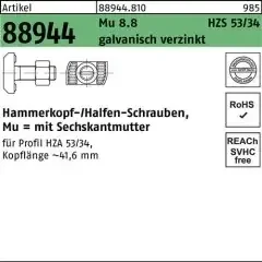 Halfen Hammerkopfschraube R 88944 6-ktmutter M20x65 Mu 8.8 galv.verz. 25St.